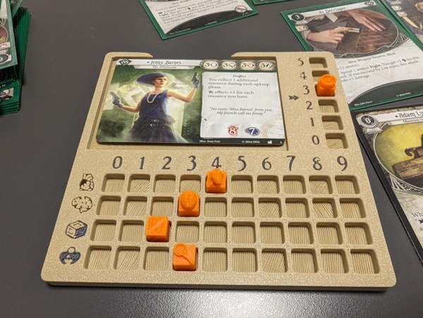 Arkham Horror player dashboard with cubes and arrows