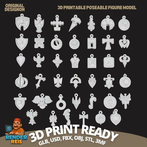 Mystical Signs of Fantasy Realms: 36-Piece Assorted Pendant 3D Model Collection