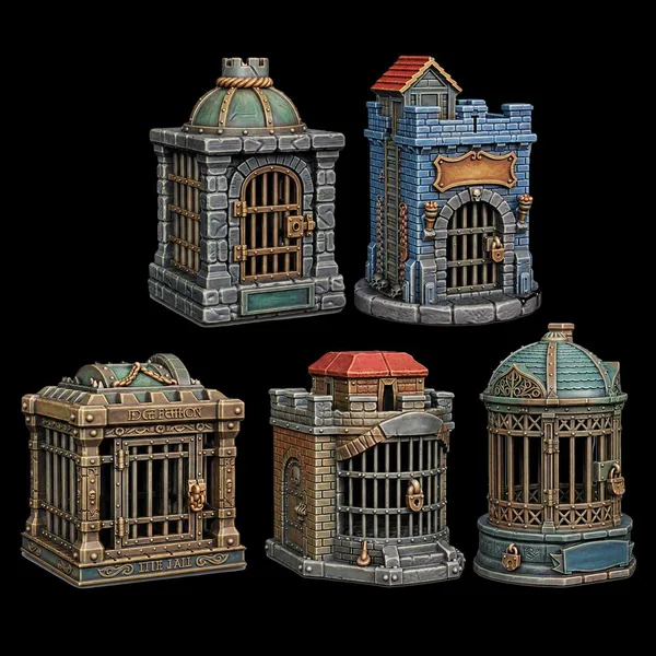 Fantasy Gothic Dice Jail 3D Printable Set - 5 Unique TTRPG Punishment Cells & Dungeons - DnD Tabletop Accessory STL