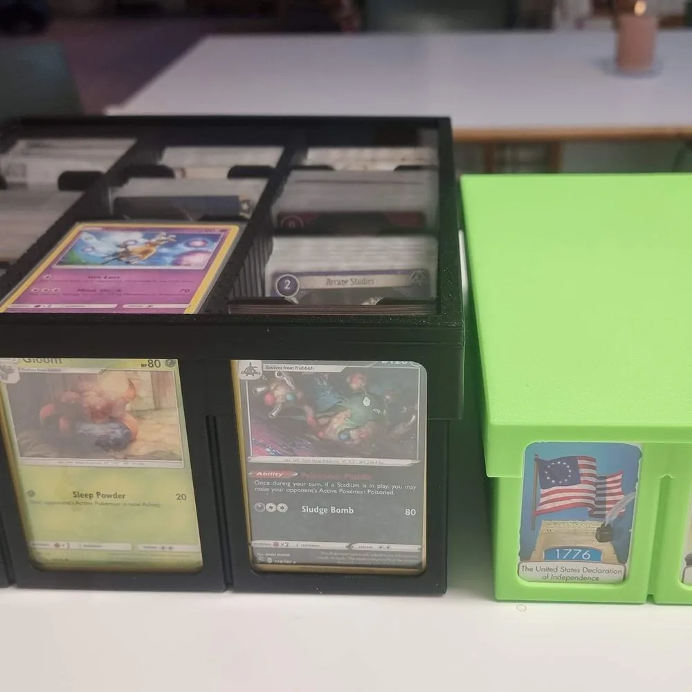 Stackable Card storage - with Display options - for all cards sizes, Sleeved and un-sleeved ; with dividers, dice and token boxes.