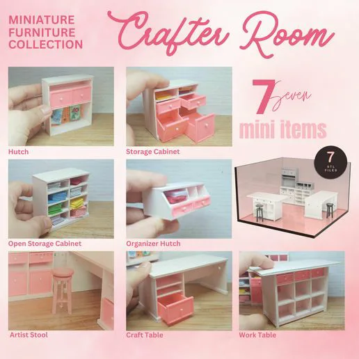 MINIATURE CRAFTER / SEWING ROOM FURNITURE COLLECTION (7 PCS) | 1:12 SCALE, MINIATURE CRAFT ROOM, DOLLHOUSE SEWING ROOM, MINIATURE CRAFTING ROOM