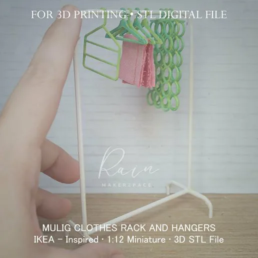 MINIATURE IKEA-Inspired MULIG Clothes Rack with 3 Hangers  | Four (4) Items | Laundry Room Miniature Furniture Collection
