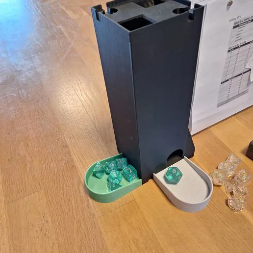 two-sided spiralised dice tower (GM and player side reveal)