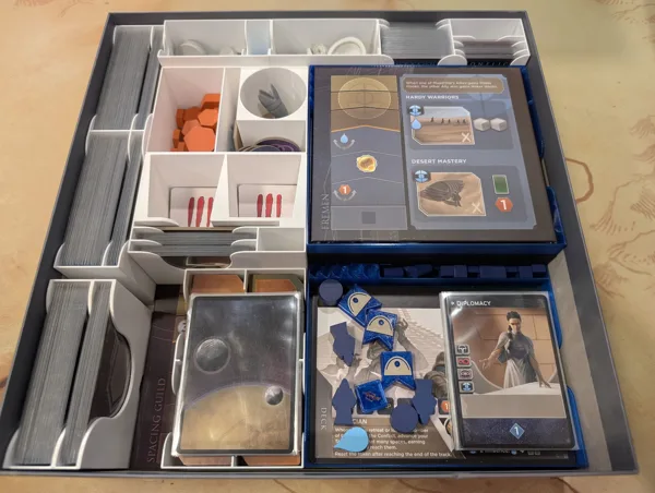Dune Imperium Uprising Box Insert/Organizer w/ Bloodlines Expansion supports sleeved cards