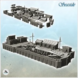 Medieval shipyard with ship hull and ancillary buildings on platform (17) - Pirate Jungle Island Beach Piracy Caribbean Medieval Skull Renaissance