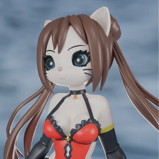 Sexy Cat Lady in Red Dress 3D Anthropomorphic Cat Figure