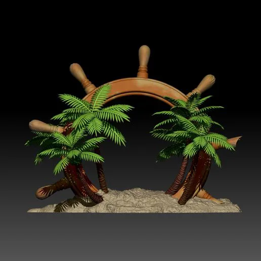 3d landscape with coconuts tree and ship wheel