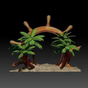 3d landscape with coconuts tree and ship wheel