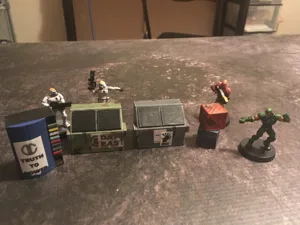 Cyberpunk/Shadowrun street scenery and props (Dumpster, Jersey Barrier, Vending Machine, Crates, Shipping Container)