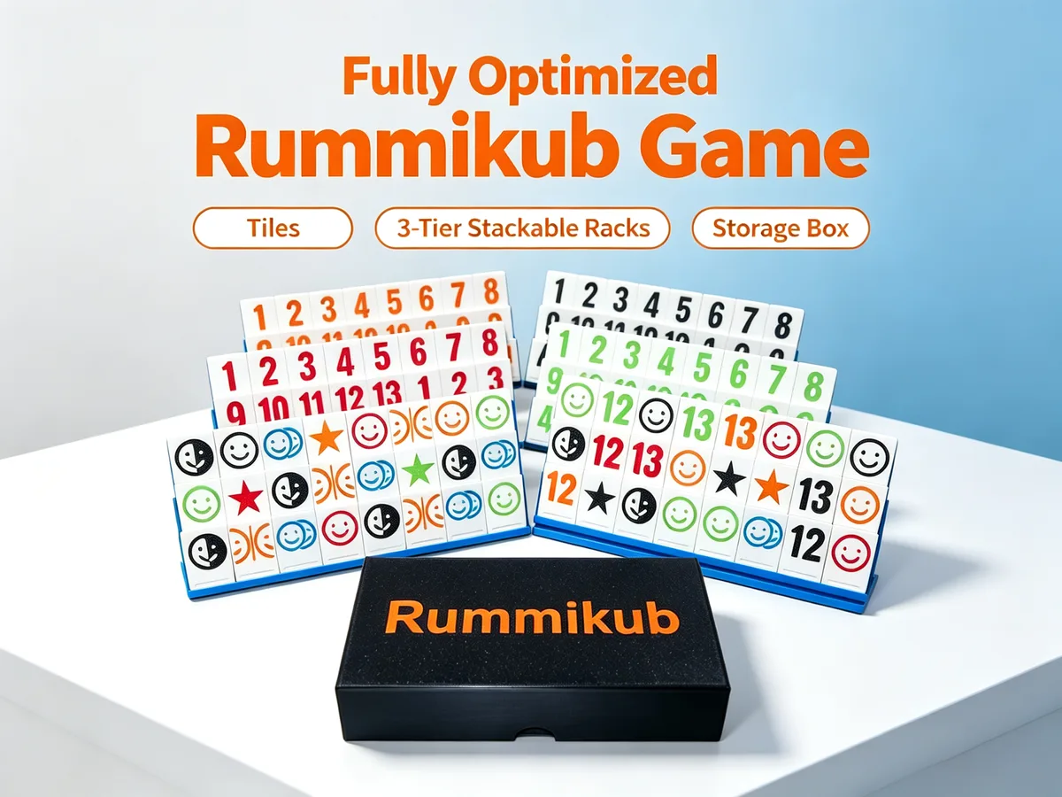 Rummikub Optimized Set|Tiles,Stackable Racks & Box