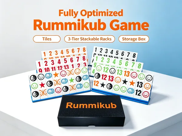 Rummikub Optimized Set|Tiles,Stackable Racks & Box