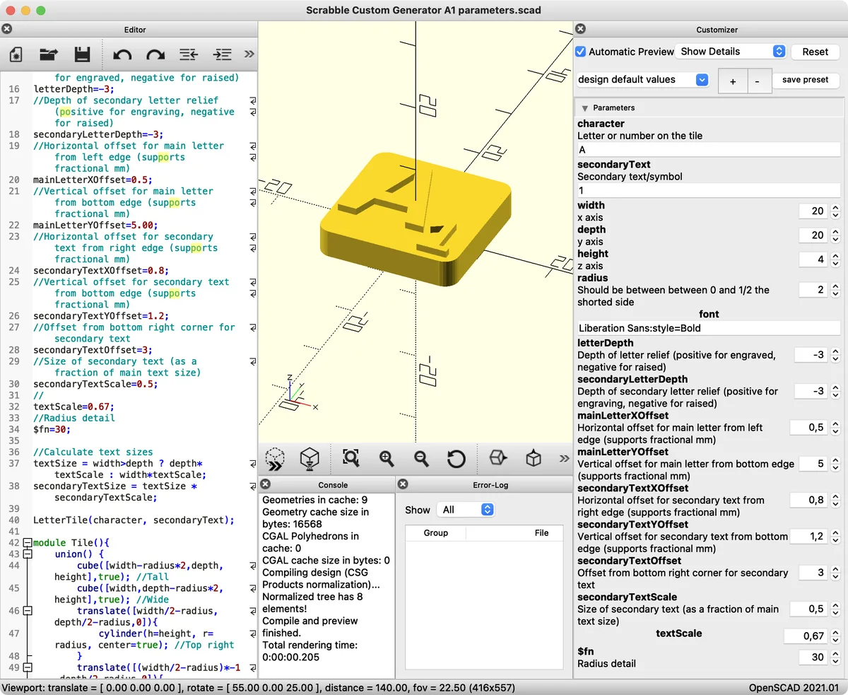 Parametric Scrabble Tile Generator + Portuguese Scrabble Tile Set