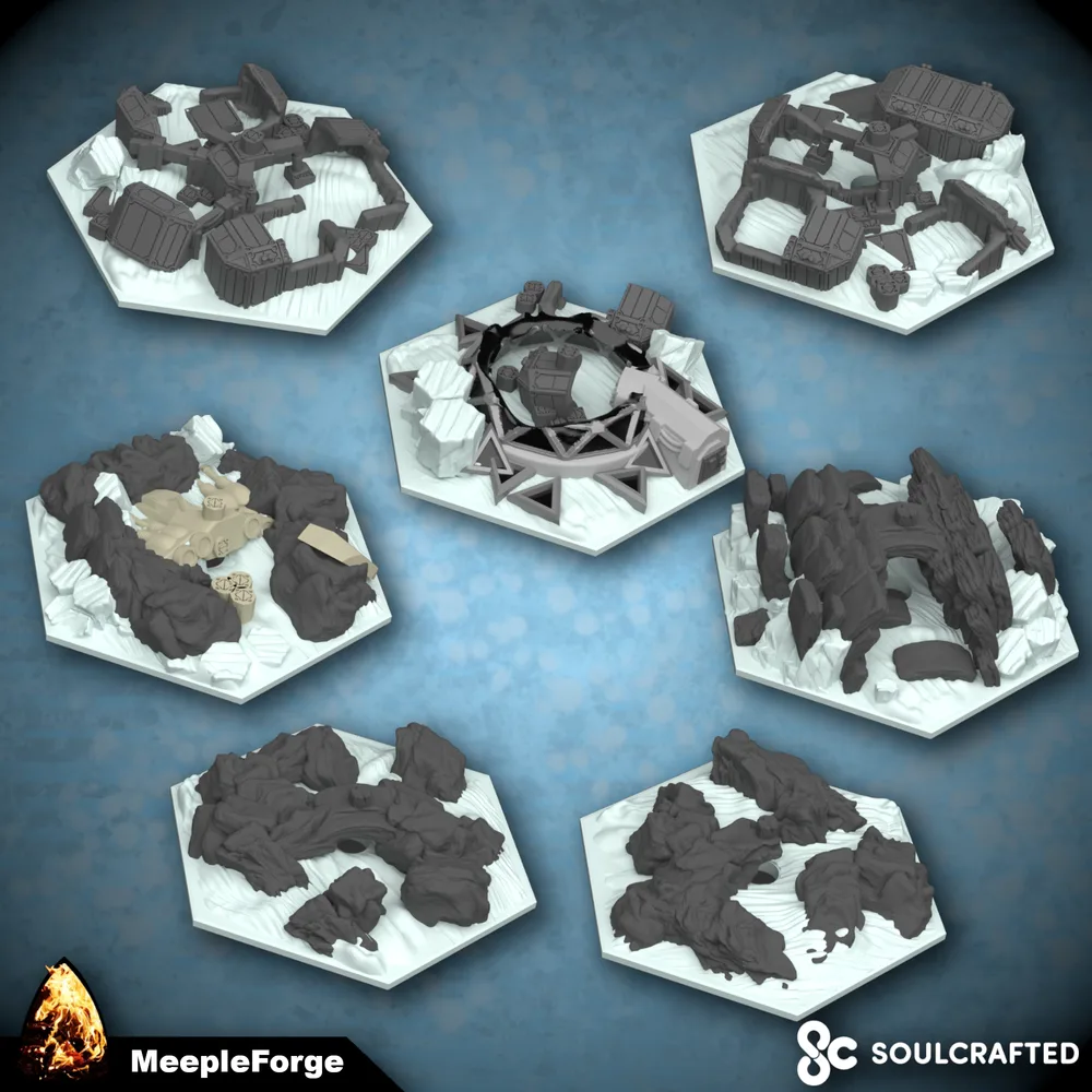 Futuristic Ice world or Desert world Scenery Rocks and Wreckage for games like Star Wars Battle of Hoth Board Game
