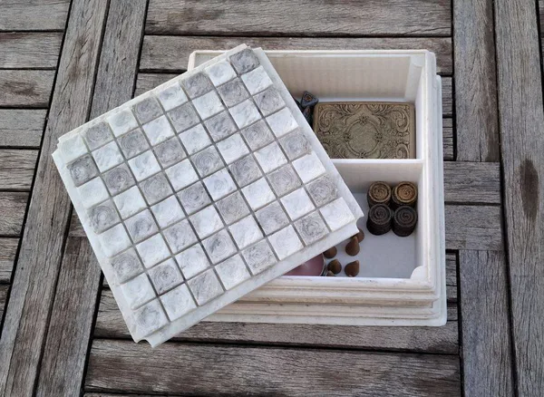 Fancy old box with checkers / chess board