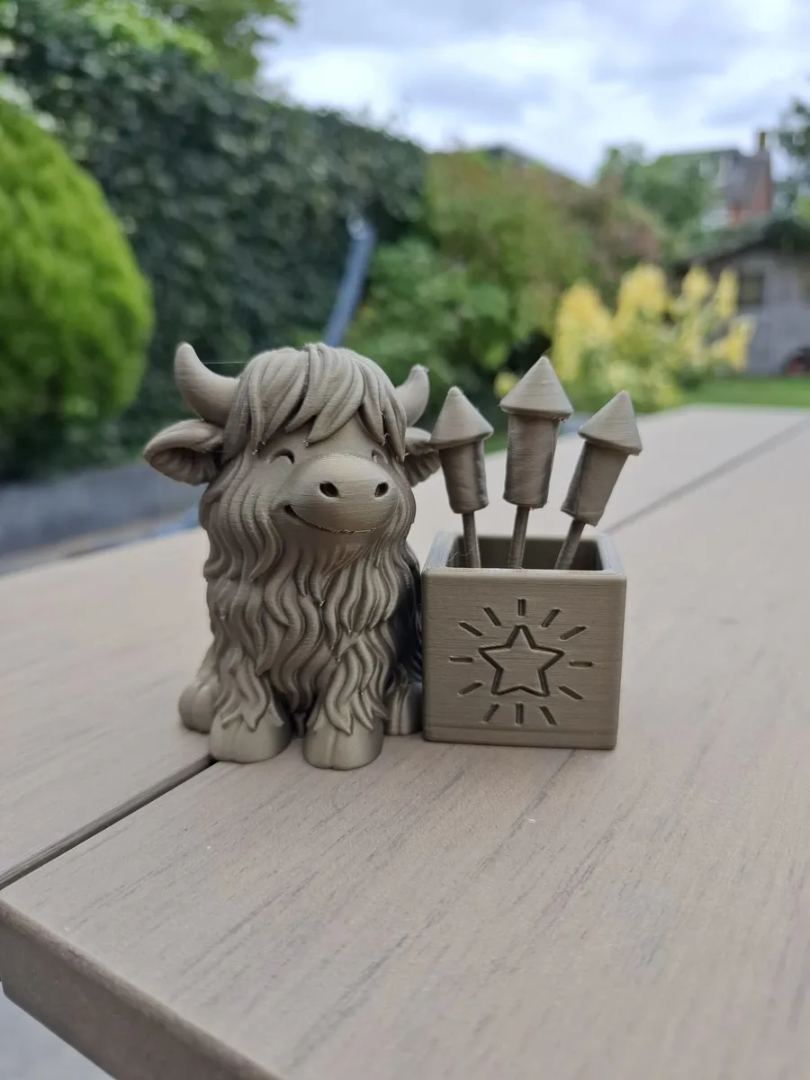 Highland Cow with Fireworks Box