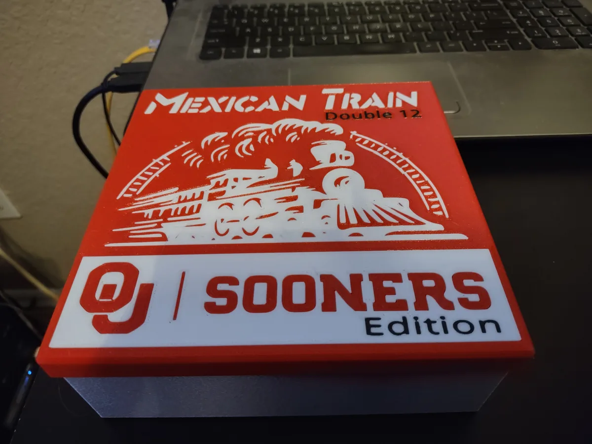 Oklahoma University themed box for a double 12 Mexican Train set