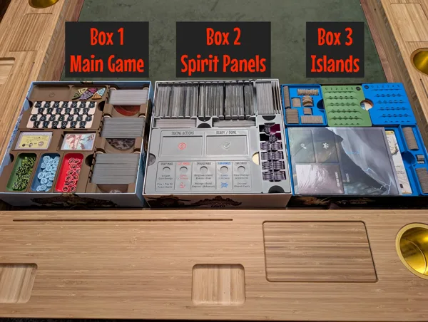Nine Spirits' Islands – 3-box organizer for ALL Spirit Island content, optimized for 1 to 9+ players