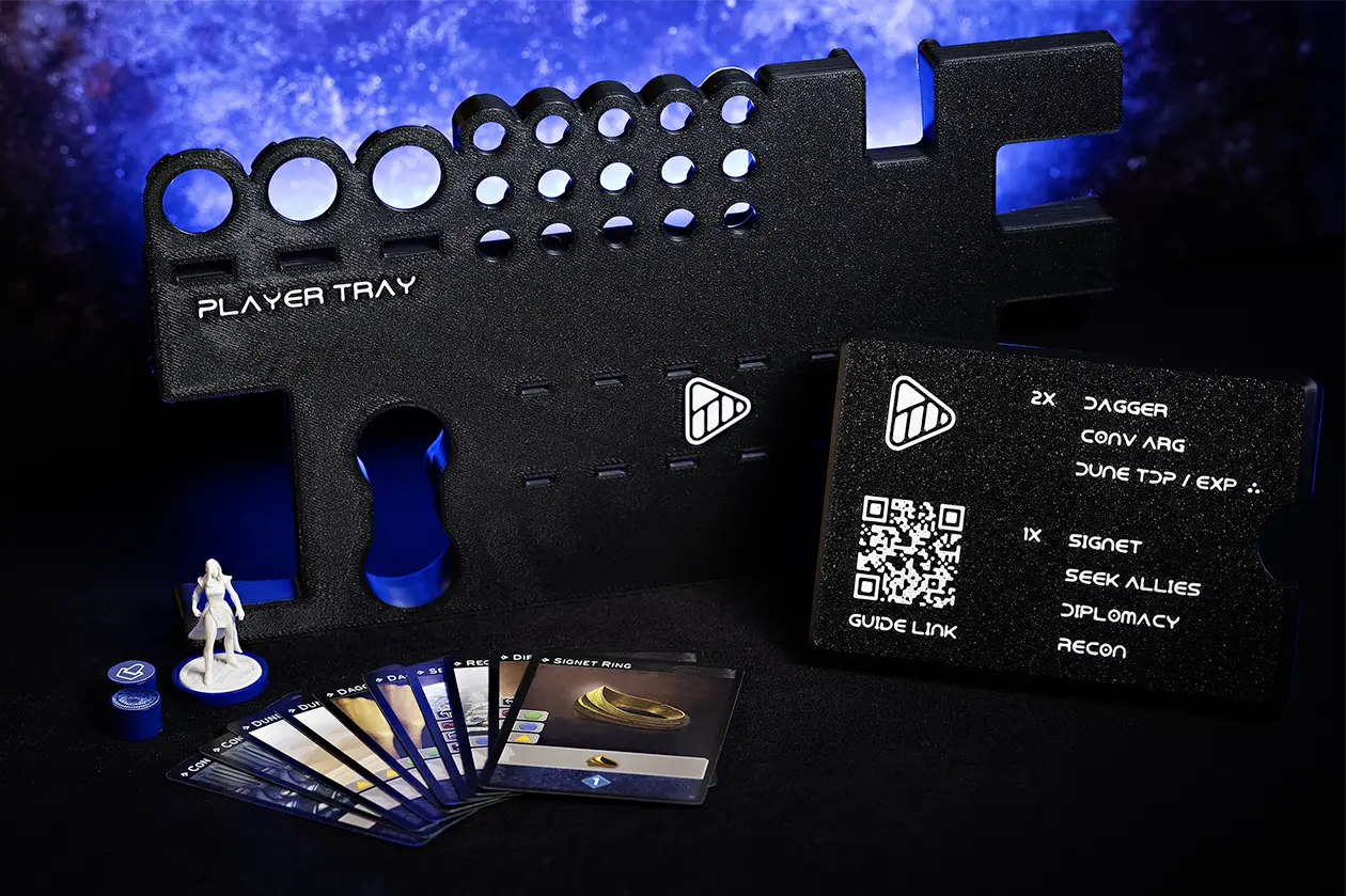 PlayMode Player Trays labeled on backs with QR code and content description