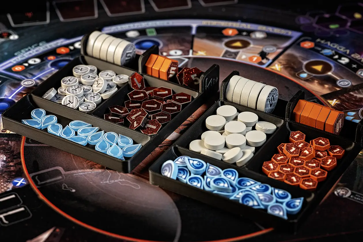 PlayMode Resource Trays holding water, spice and solari