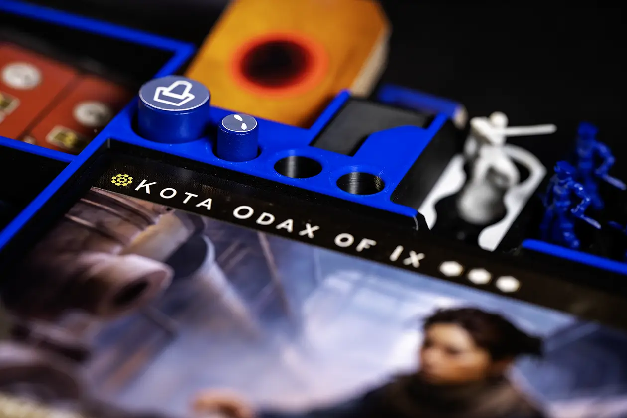 Blue Player Tray closeup detail for High Council and Spy markers