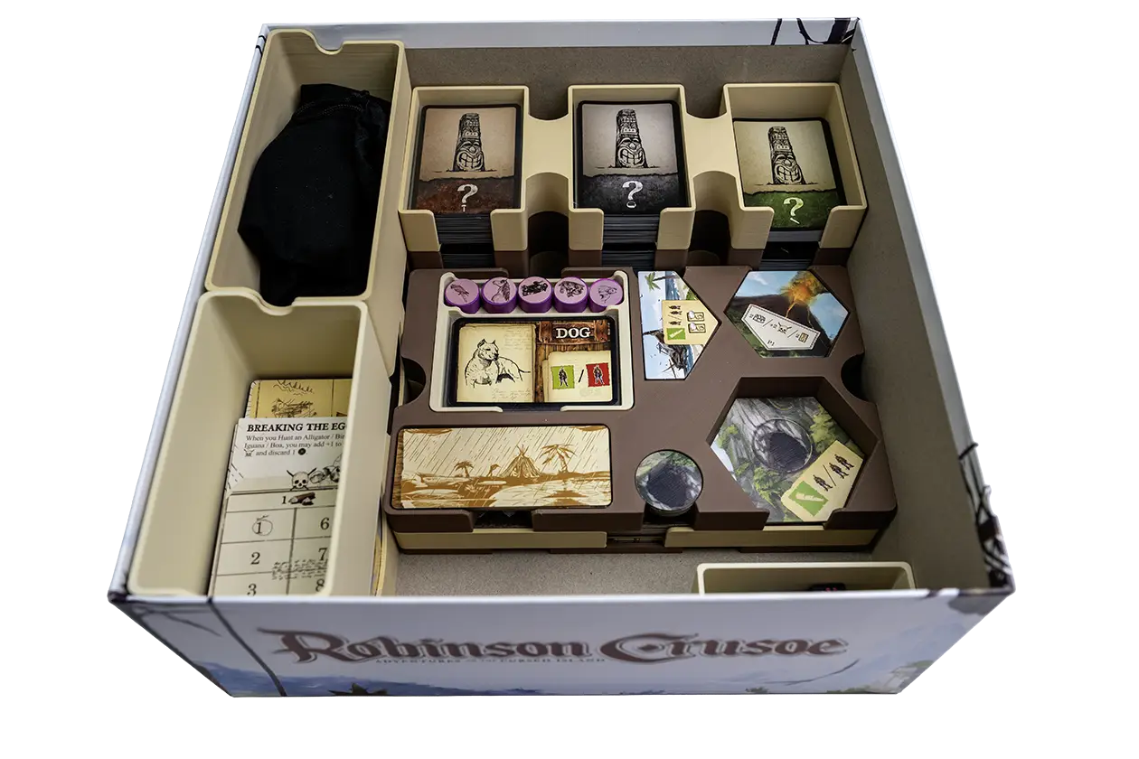 What your insert may look like during the game, after setup. I forgot to take the black bag of Discovery tokens out, but the parts remaining in the box are setup trays, 3 unused deck trays and 2 spare trays