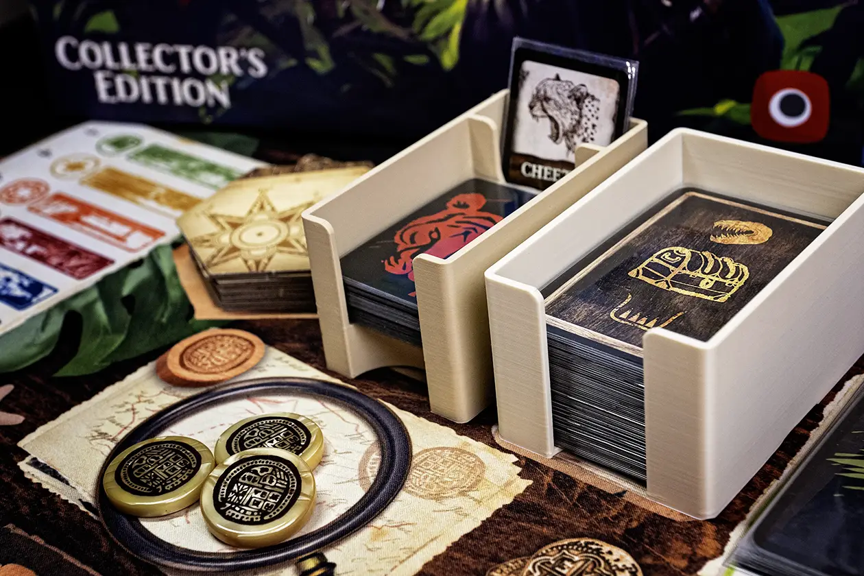 3D printed card holders for Beast and Mystery decks on game board
