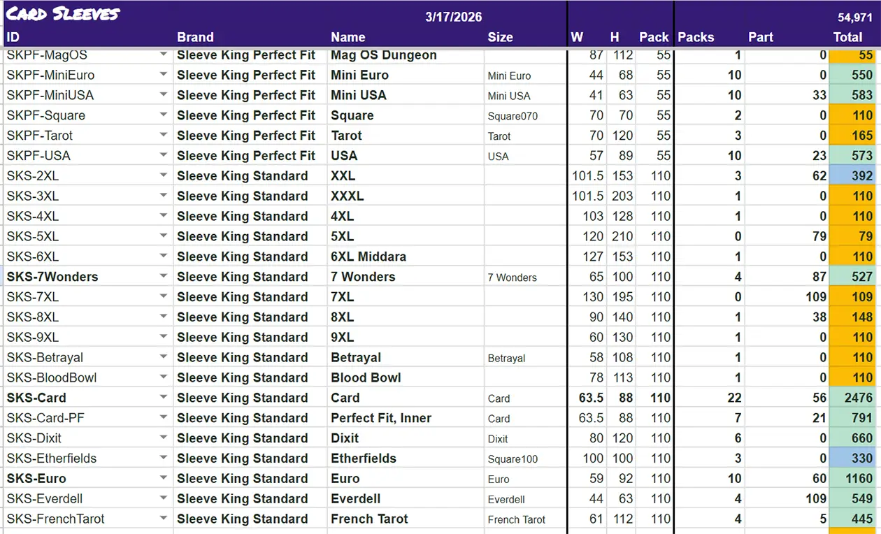 My Card Sleeves for Board Games Spreadsheet